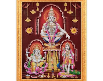 Ayyappa Swamy Ganesha Lord Murugan Sparkle Print Digital Photo In Golden Frame Big (14 X 18 Inches)
