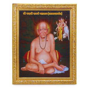 Swami Samarth With Datta Guru Beautiful Sparkle Print Elegant Photo In Golden Artwork Frame (11 X 13 Inch)