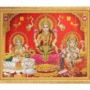 Lakshmi Saraswati Ganesh Golden Zari Art Work Photo In Golden Frame {{Available in 2 Designs And Sizes}}