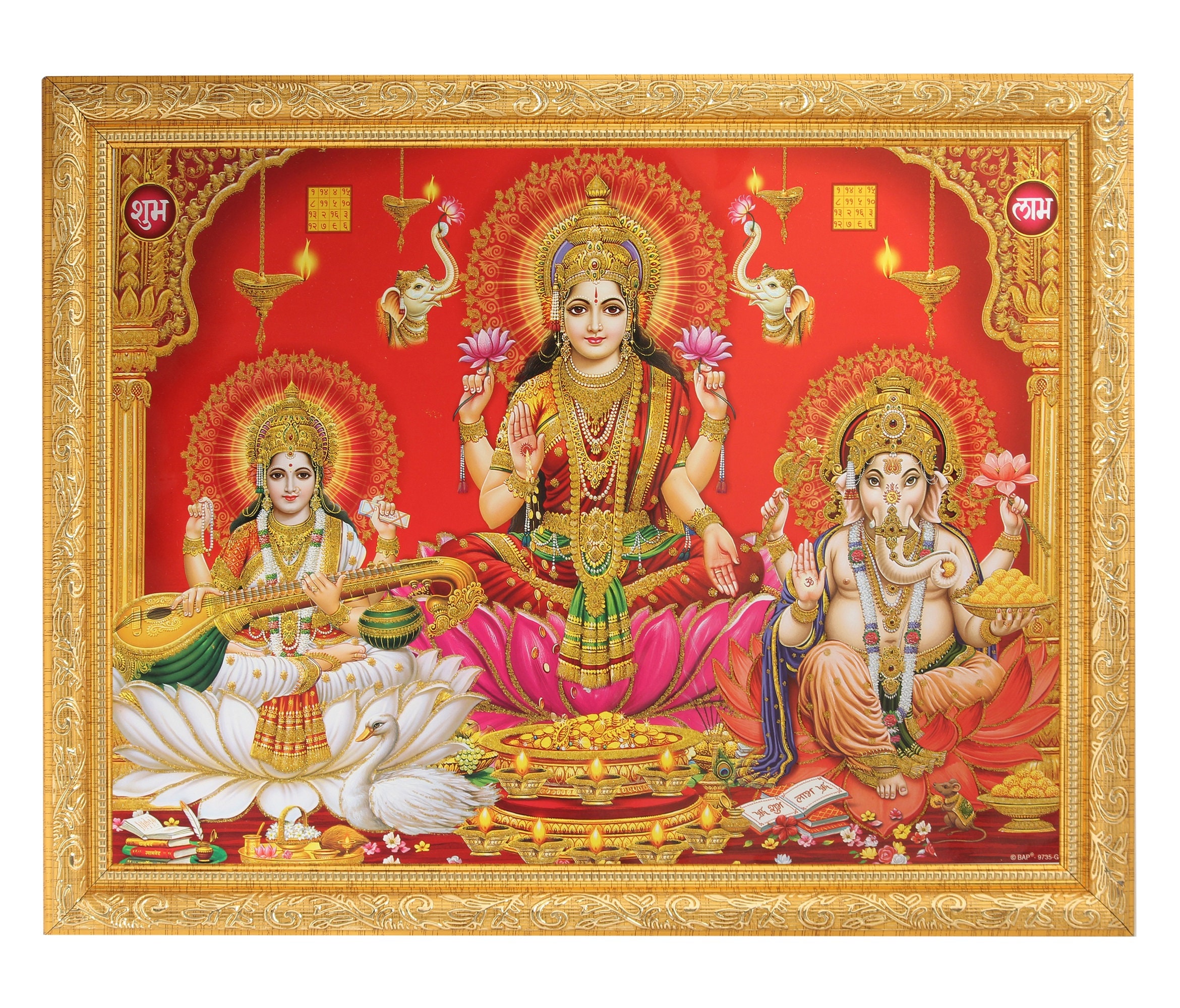 Lakshmi Saraswati Ganesh Golden Zari Art Work Photo In Golden Frame {{Available in 2 Designs And Sizes}}