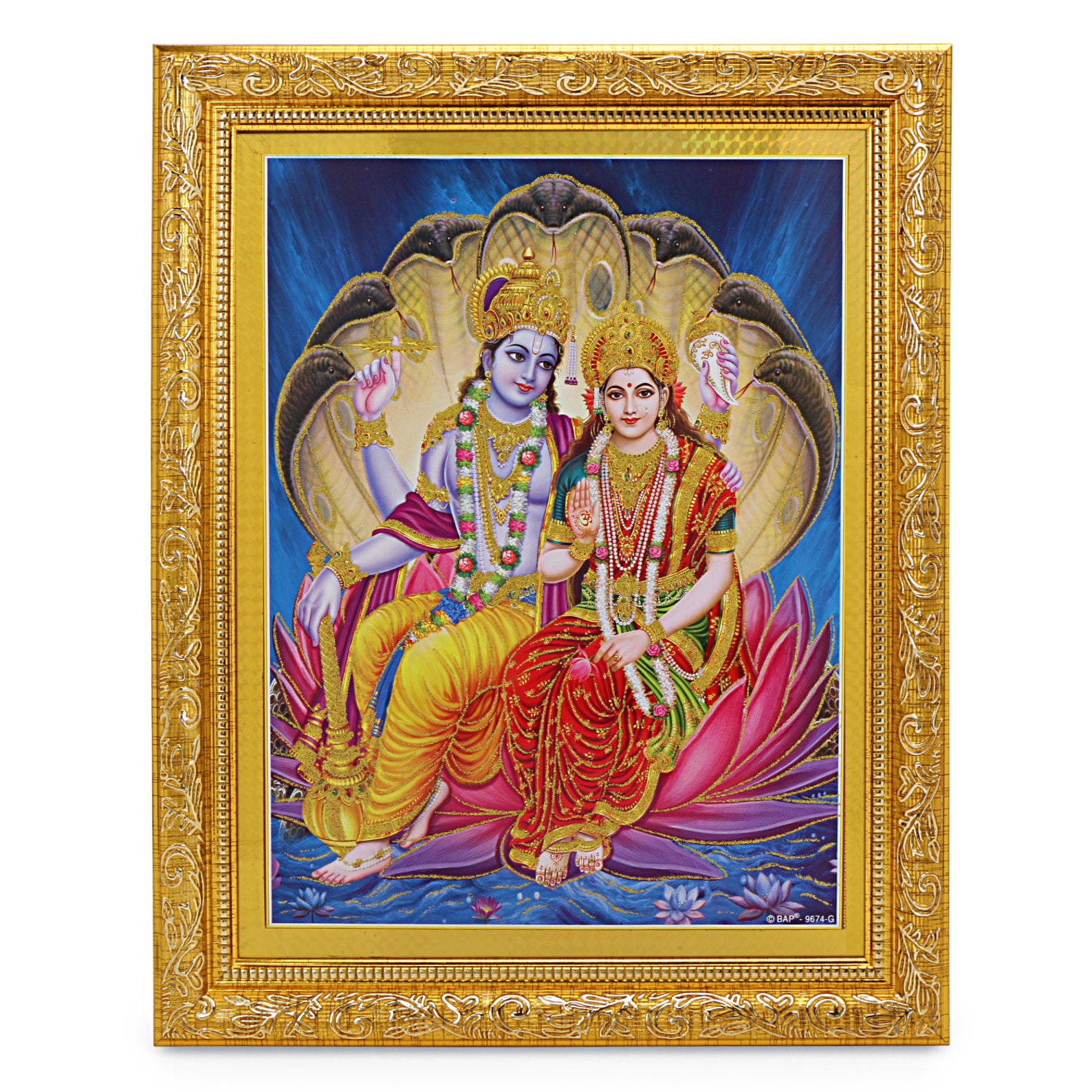 Vishnu Lakshmi Zari Art/digital Photo in Golden Frame (11 X 14 Inches ...