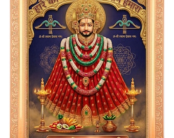 May include: A framed religious print featuring a central figure with a crown, beard, and layered necklaces, wearing a red garment. The image includes two lit oil lamps, a fruit bowl, and text in Hindi script, all set within a decorative gold frame.