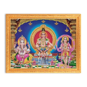 Ayyappa Swamy Ganesha Lord Murugan Sparkle Print Digital Photo In Golden Frame Big (14 X 18 Inches)