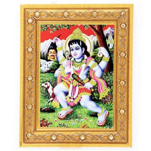 Lord Bhairava Golden Art Work Colour Photo In Golden Wall Hanging-/-TableTop Frame (7.50 X 9.50 Inch) OR (19.05 X 24.13 Cm)