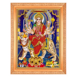 Maa Durga Beautiful Golden Foil/Zari Photo In Art Work Golden Frame (11 x 14 Inches)OR(27.94 X 35.56 Cms)Best Housewarming Gift In 2 Designs