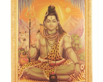 May include: A framed painting of Shiva, a Hindu deity, sitting in a meditative pose. He is depicted with a third eye, a snake around his neck, and a trident in his hand. The painting is set against a backdrop of mountains and a sunset.