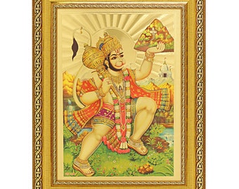 Cadre Vintage Lithographie Panchmukhi Hanuman - Inde Circa 1930 - Taille 15x11 Pouces