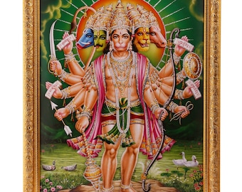 14 X 18 Inches Religious Wll Decor Silver Zari Art Work Photo of Panch Mukhi Hanuman in Golden Frame Big 14 X 18 Inches Religious Wll Decor Silver Zari Art Work Photo of Panch Mukhi Hanuman in Golden Frame Big
