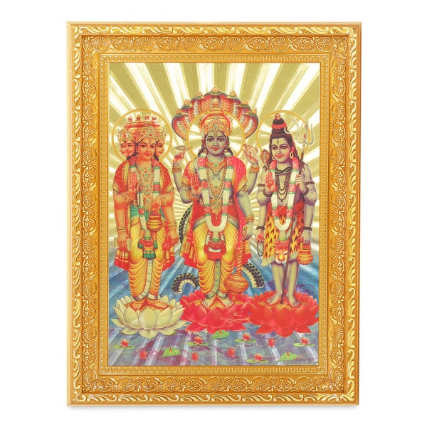 Brahma Vishnu Shiva Beautiful Golden Foil Photo In Art Work Golden Frame (11 x 14 Inches)OR (27.94 X 35.56 Cms) Best Housewarming Gift