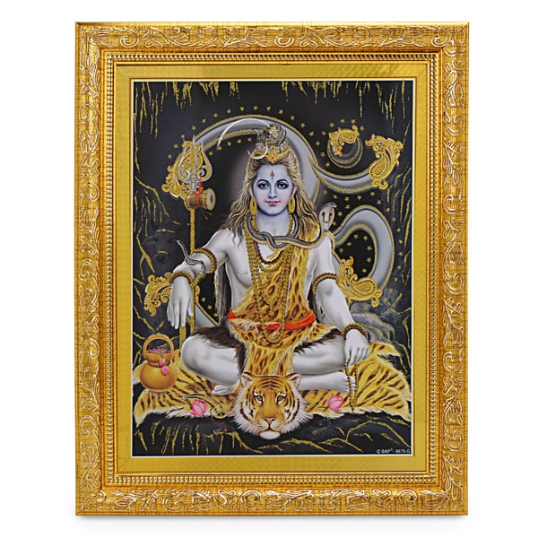 Shiv Golden Zari Art Work Photo In Golden Frame (11 X 13 Inches) OR (27.94 X 33.02 Cms)