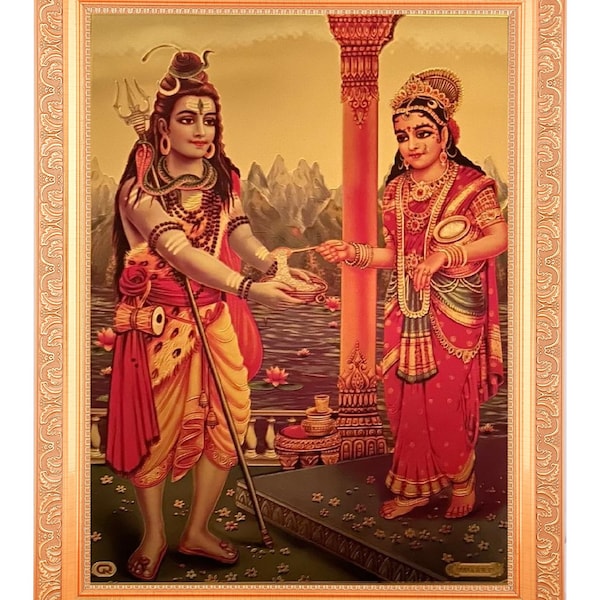 Shivji With Maa Annapurna Beautiful Golden Foil Photo In ArtWork Golden Frame(11 x 14 Inch)OR(27.94 X 35.56 Cm) Housewarming Gifts