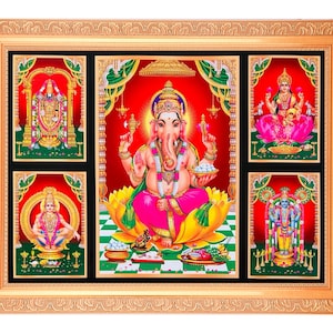 5 In 1 Indian God Goddess Photo In Golden Artwork Frame (11 x 14 Inches) OR (27.94 X 35.56 Cm) 5 Different DESIGNS Available