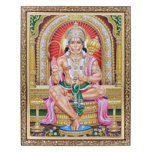 Lord Hanuman Ashirwad Silver Zari Artwork Photo In Copper Gold Artwork Frame Big (14 X 18 Inches)