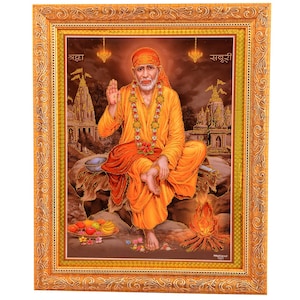 Religious Wall Decor Shirdi Sai Baba Silver Zari Art Work Photo in Golden Frame Big 14 X 18 Inches Religious Wall Decor Shirdi Sai Baba Silver Zari Art Work Photo in Golden Frame Big 14 X 18 Inches