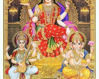 Laxmi Poojan Poster With Golden Zari Art Work Without Frame (25 X 36 Inches)