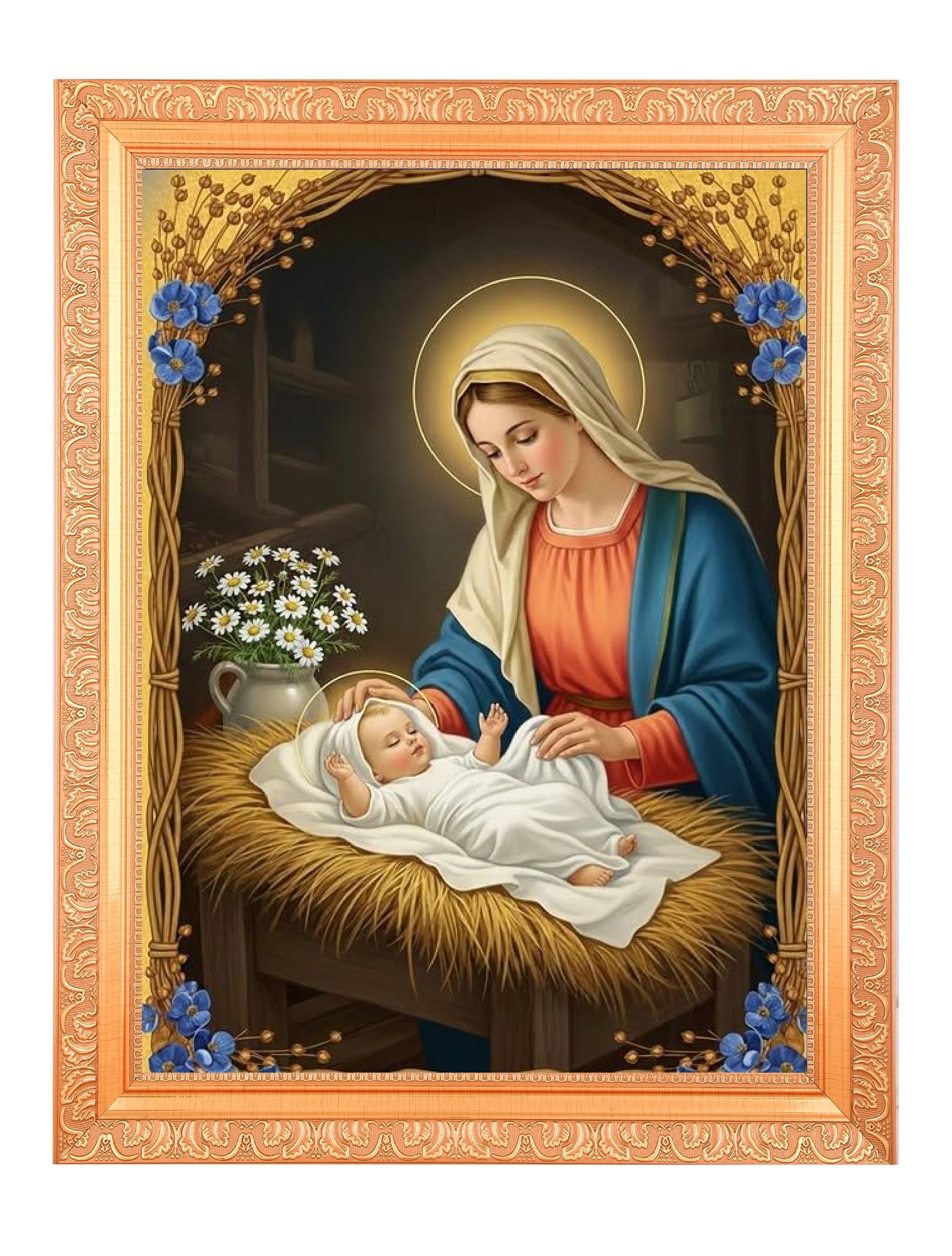 聖母マリアとイエスの額入りデジタルプリント、金色のアートワーク（11