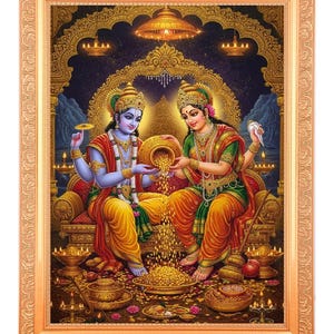 Lakshmi Narayan Dhan Varsha Beautiful Digital Print Photo In Golden Frame (11 X 14 Inches) IN 2 DESIGNS