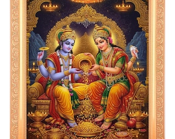 Lakshmi Narayan Dhan Varsha Beautiful Digital Print Photo In Golden Frame (11 X 14 Inches) IN 2 DESIGNS