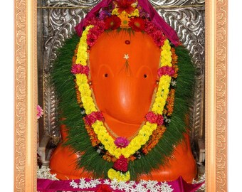 Shree Chintamani Ganpati Temple In Theur Digital/Golden Foil Art, Ornate Golden Frame, Housewarming Gift