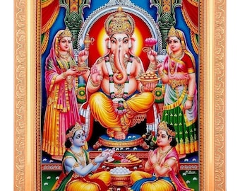 Framed Ganpati Ji Print, Riddhi Siddhi, Shubh Labh, Golden Artwork (11x14 Inch)