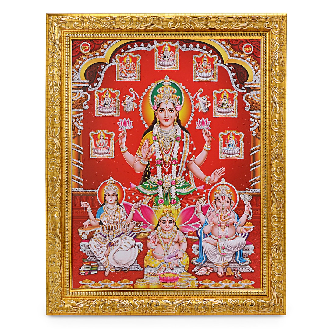 Lakshmi, Saraswati, Ganesh, Kuber in Golden Frame With Silver Zari Art ...