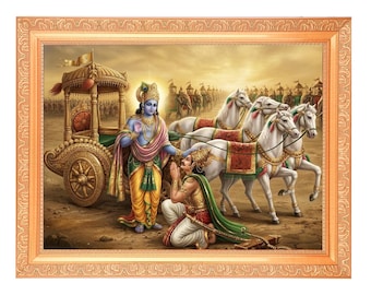 Krishna and Arjun Golden Framed Digital Print, Mahabharata Art
