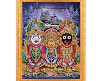 Lord Jagannath, Balabhadra and Subhadra Sparkle Print Digital Photo In Golden Frame Big (14 X 18 Inches)