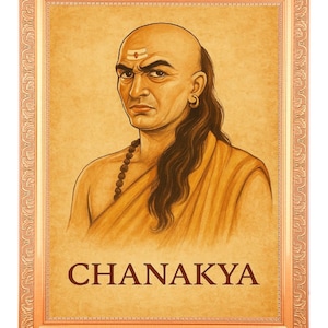 Op de afbeelding: Een sepia-getint portret van Chanakya in een decoratieve lijst. De afbeelding toont een man met een geschoren hoofd, lang haar en een strenge uitdrukking. Het woord "CHANAKYA" is in bruine letters onderaan de afbeelding gedrukt.