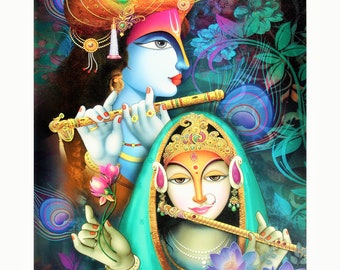 Grafika artystyczna Radha Krishna, teksturowany, nowoczesny wystrój indyjski (20x28 cali)