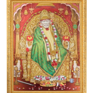 Shirdi Sai Baba Golden Zari Artwork Photo In Golden Frame Big (14 X 18 Inches)