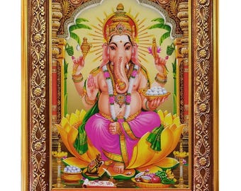 Impresión fotográfica de Ganesha con obra de arte dorada en marco ornamentado