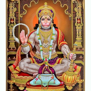 Hanumanji With Golden Zari Art Work Poster Without Frame (25 X 36 Inches)