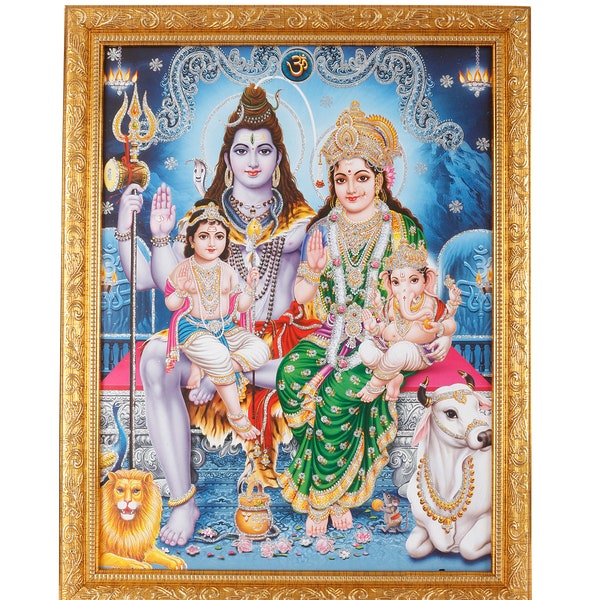 Shiv Parivar Silver Zari Art Work Photo In Golden Frame Big (14 X 18 Inches) Available in 2 Different Designs