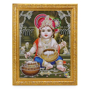 Bal Krishna Silver Zari Art Work Photo In Golden Frame (11 X 13 Inches) OR (27.94 X 33.02 Cms) {{Available In 2 Designs}}
