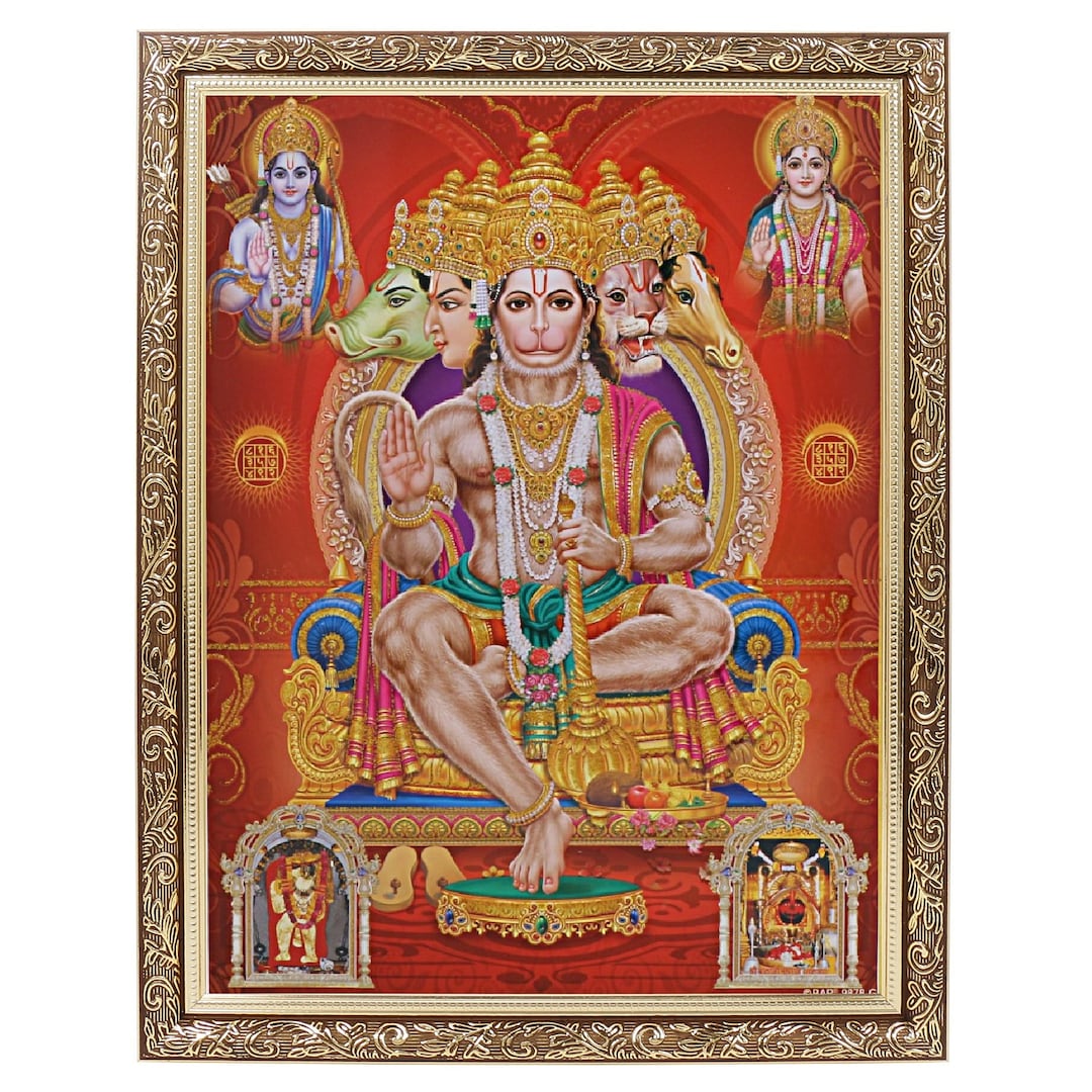 【高級彫刻】40mm×37mm×33mm 竜紋彫刻クルミペア Panchmukhi Hanuman With Ram Sita, Golden Zari Art in Golden Frame