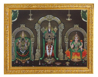 Lakshmi, Padmavati Devi & Perumal Sparkle Print in Golden Artwork Frame (11 X 13 Inches)