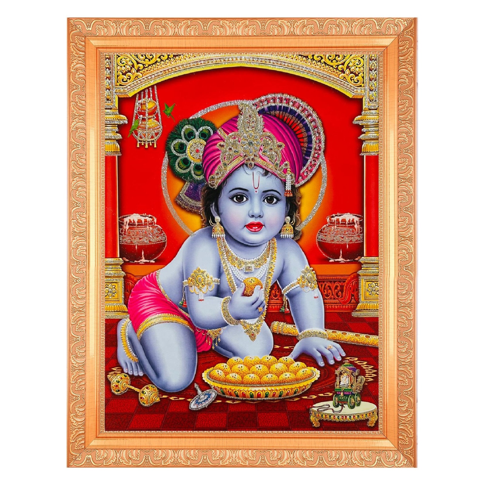 Bal Krishna Zari Art Work Photo In Golden Frame Big (14 X 18 Inches) Available In 2 Designs