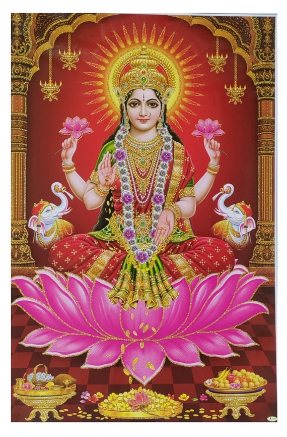 Cornice Portafoto Religiosa Dea Lakshmi – Zig Zag Goddess Dhana Lakshmi Devi Maa – Misura M – Oro – Vetro Acrilico