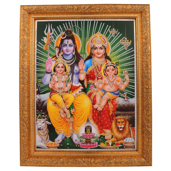 Shiv Pariwar Silver Zari Art Work Photo In Golden Frame (11 X 13 Inches) And (14 X 18 Inches) AVAILABLE IN 2 SIZES