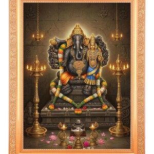 May include: A framed wall art print depicting the deity Ganesha seated with a consort on a stone pedestal. The scene features golden oil lamps, floral garlands, and scattered pink lotus flowers against a dark, textured stone wall background.
