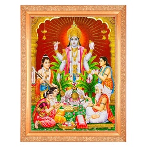 Satyanrayan Swami Beautiful Zari Art Print Elegant Photo In Golden Artwork Frame 11 x 14 Inch)OR(27.94 X 35.56 Cm) Housewarming Gifts