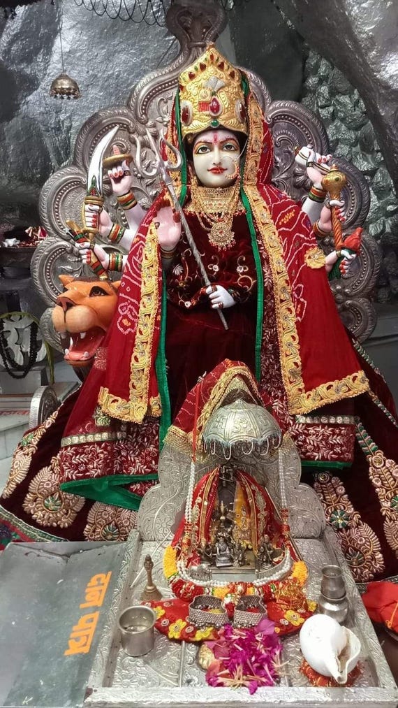 女神ドゥルガー・ヴァイシュノー・デーヴの額入りプリント、宗教的な壁