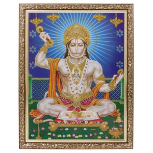 Meditating Hanumanji With Ram Bhagwan In His Heart Golden Zari Art work Photo In Copper Gold Artwork Frame Big (14 X 18 Inches)