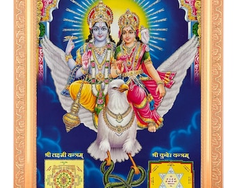 Fotografía artística de Vishnu y Lakshmi en plata con zari en marco dorado (35,5 x 45,7 cm)