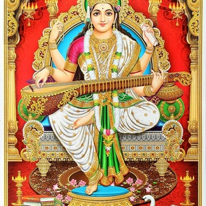 Póster de la obra de arte dorada de Maa Saraswati sin marco (25 x 36 pulgadas)