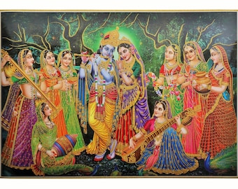 Radha Krishna With Golden Zari Art Work Poster Without Frame (25 X 36 Inches)