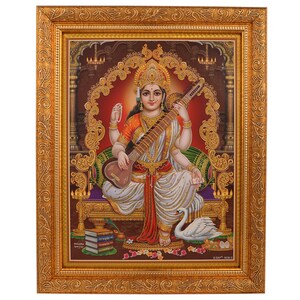 Maa Saraswati Golden Zari Art Work Photo In Golden Frame (11 X 13 Inches) OR (27.94 X 33.02 Cms)
