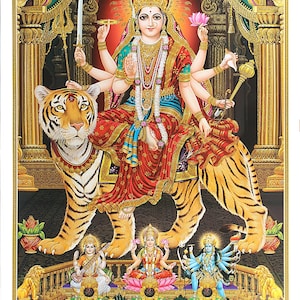 BEST SELLER Durga Golden Zari Art Work Poster Without Frame (25 X 36 Inches)