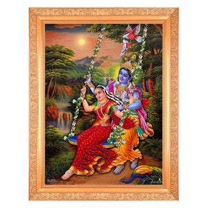 Radha Krishna On Swing Beautiful Sparkle Print Painting Photo In Golden Artwork Frame (11 x 14 Inch)OR(27.94 X 35.56 Cm) Housewarming Gift