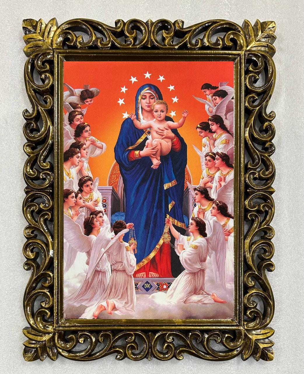 Mother Mary and Jesus Painting, Carved Wooden Frame (23x17 Inch